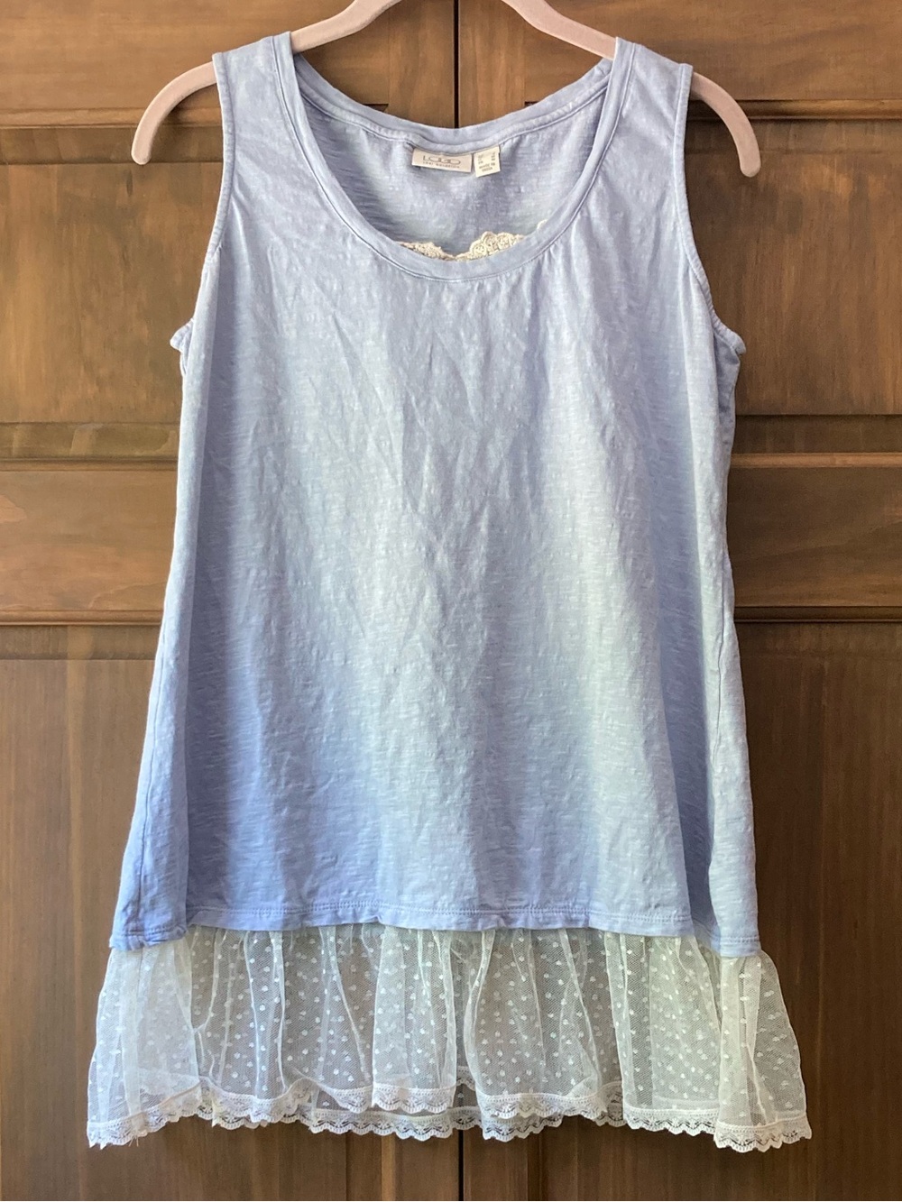 LOGO Lori Goldstein Light Blue-Purple Tank Top with Lace Edging Small